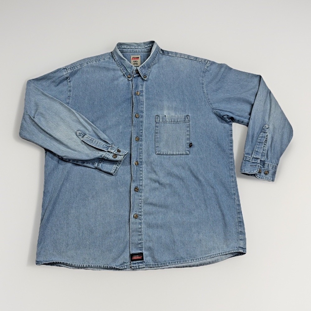 Dickies Denim Button Down Shirt Mens 2XL Blue Long Sleeve Workwear Cotton